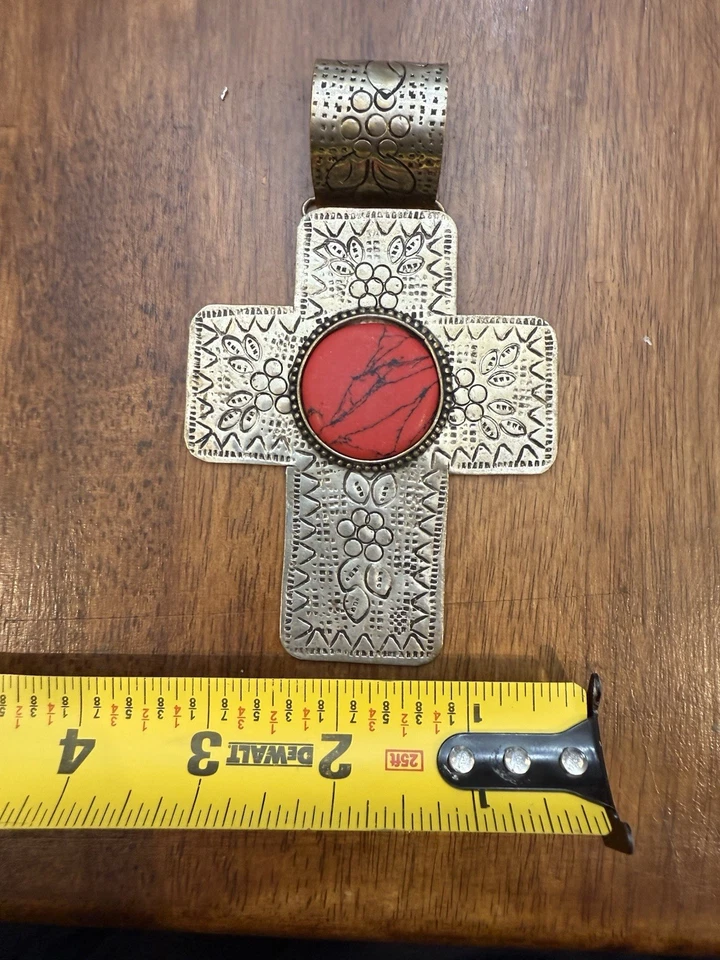 Large Southwest-Style Pounded Cross Pendant With Red Stone For A Beaded Necklace - Image 3 of 4