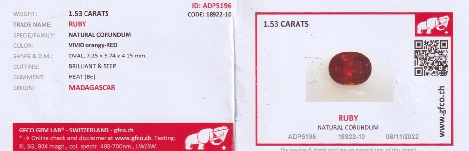 1.53 ct GFCO" BEST GRADE LUSTROUS VIVID ORANGE RED NATURAL RUBY- CORUNDUM CER - Image 4 of 4