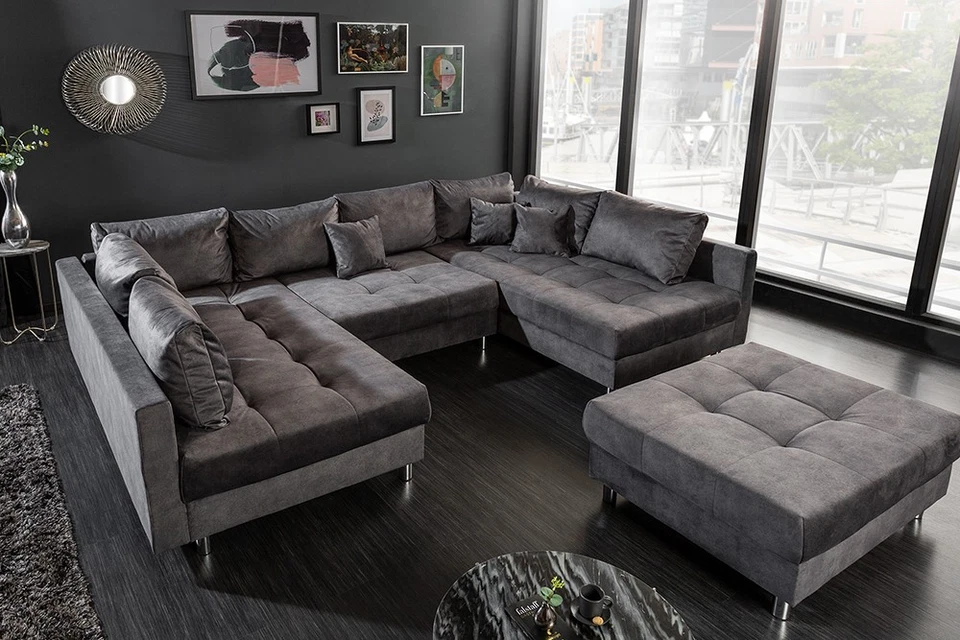 Moderne XXL Wohnlandschaft KENT 305cm grau Samt Bigsofa inkl. Hocker Federkern - Bild 3 von 4