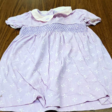 Chaps Girls Purple/White Striped Smocked Puff Sleeve Collared Dress 18-24M