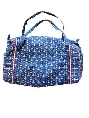Anchors Away Carry On Bag Blue Quilted Cotton Duffle Bag Side Bottle Pockets