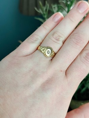 Antique 10k Gold Signet Gypsy Sunburst Diamond Ring With Etching