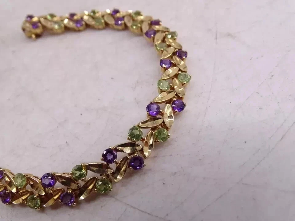 Brazalete Tenis Chapado en Oro Rosa 14k Amatista y Peridoto Simulado Corte Redondo 7 Ct Foto 3 de 4