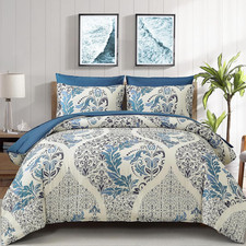 Blue Comforter Set King Size, 7 Pieces Bohemian Damask Comforter Set Soft Lightw