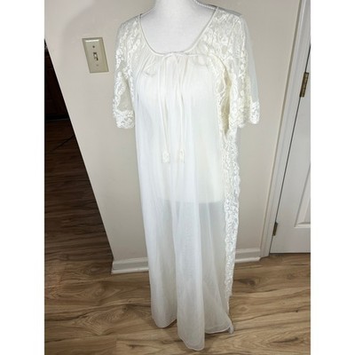 VTG 60s Chiffon Peignoir Robe Delicate Lace Trim Sheer Cream Bridal Lingerie