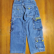 Paco Jeans Kids Blue Denim Cargo Pants 12 Pockets Yellow Accent y2k utility