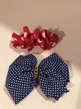 2 Ladies White Blue Red Hair Bows Ribbon Vintage 90  s Barrette Clips
