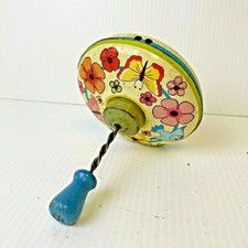 Antique Tin spinning top small with floral, butterfly bird design -C3-43
