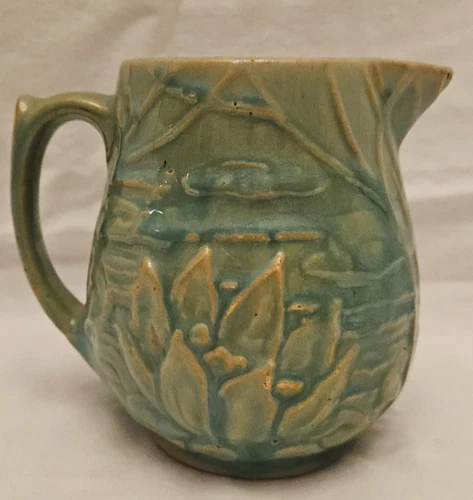 Vintage Nelson McCoy 1930's Water Lily Green Glaze Pottery Pitcher Jug # 124