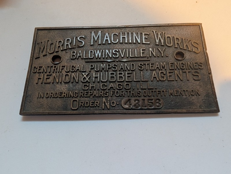 Antique Morris Machine Works Builders Data Plate Baldwinsville NY 