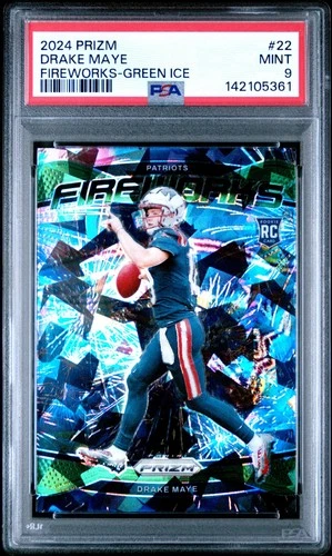 142105361 Drake Maye 2024 Panini Prizm #22 Green Ice Fireworks Rookie RC PSA 9