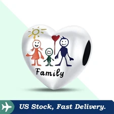KUNSIR 925 Sterling Silver Family Heart Charm For Bracelet or Necklace DIY Gifts