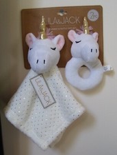 Girls Lila  Jack 2 Pc White Gold Dot Unicorn Security Blanket  Rattle Set