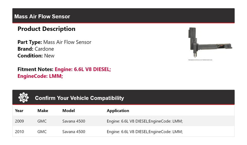 For 2009-2010 GMC Savana 4500 6.6L V8 DIESEL Mass Air Flow Sensor Cardone - Image 2 of 4