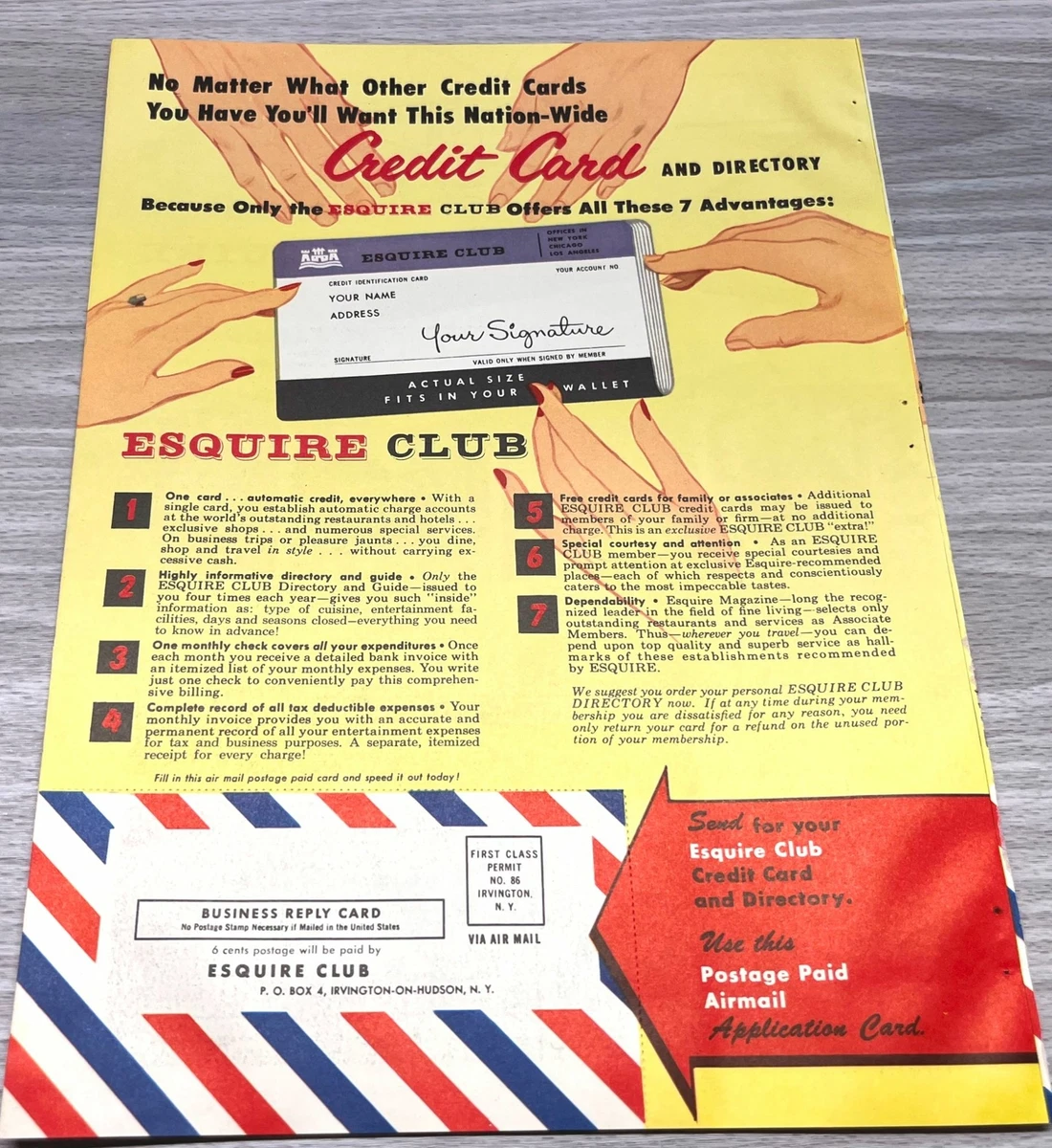 1958 Esquire Club Credit Card Vintage Print Ad Membership Application 2 Sided