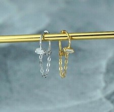 Image of Pair of Dainty S925 Dangle & Drop Hoop Chain Earrings with a Baguette CZ Crystal