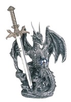 Silver Dragon With Sword Medieval Statue Figurine Fantasy Mythical Decoration Silver Dragon With Sword Medieval Statue Figurine Fantasy Mythical Decoration