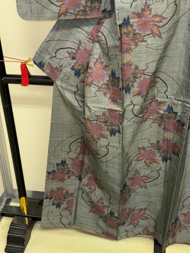 Japanese Vintage Kimono Pure Silk Grey Expensive Tsumugi Dirt Height 61.81in - Picture 10 of 23