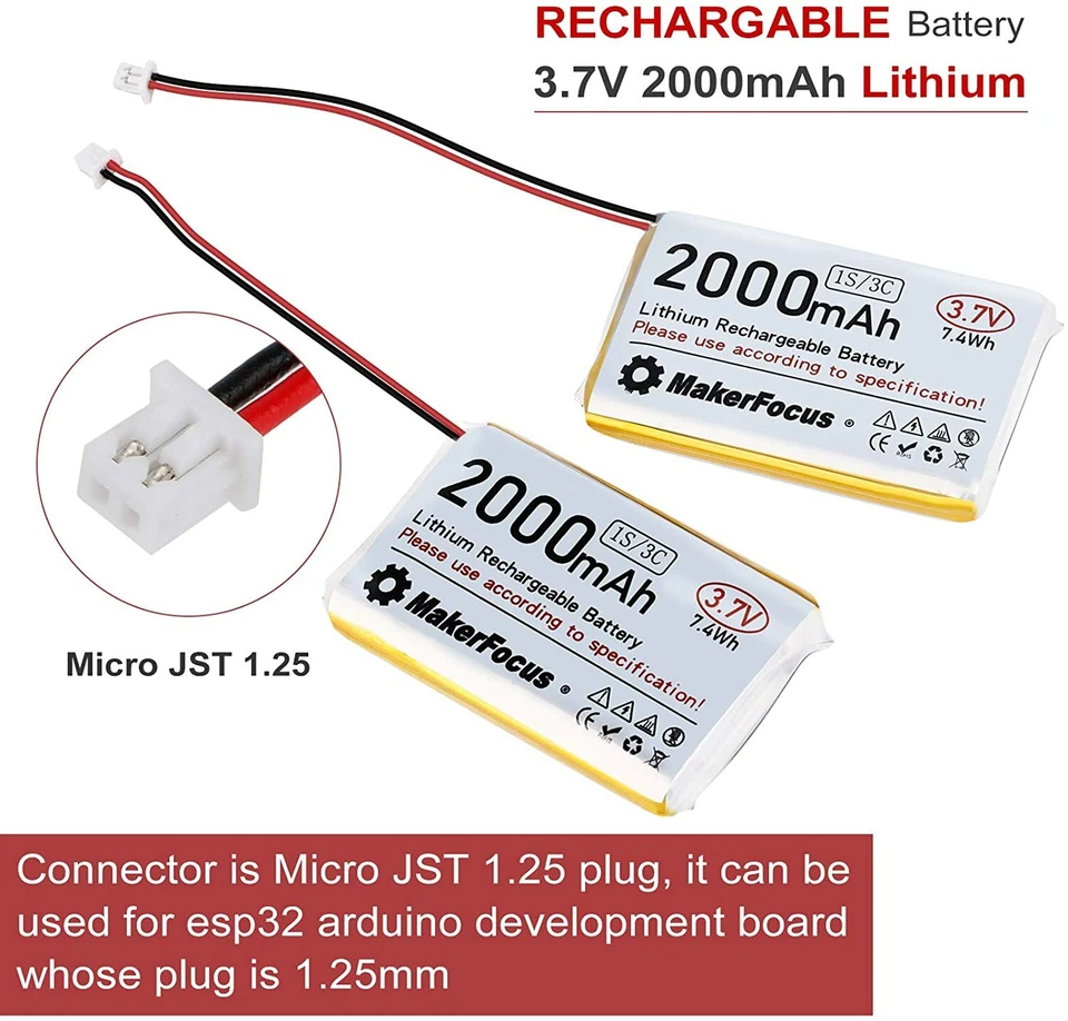 4 x 3,7V 2000mAh 3C Lipo Batterien Micro JST 1,25 Stecker für Arduino Nodemcu de - Bild 2 von 4