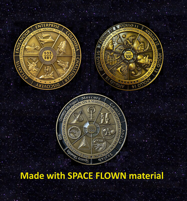 3 medals with VISIBLE space flown material! Shuttle, Apollo, Gemini, Mercury ISS