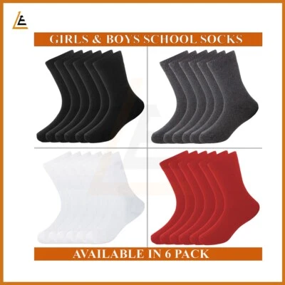 LE11 Girls Boys Kids Plain Socks School Uniform Cotton Children's Ankle Sock 6 Pairs