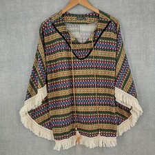 Womens Southwest Poncho OS Tribal Serape Stripe Knit Wrap Fringe Feather Tassel