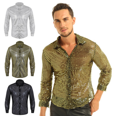Mens Sequin Sheer Long Sleeve Shirt Shiny 70s Disco Dance T-shirt Clubwear