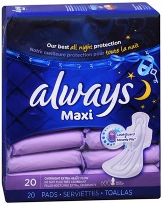 Always Maxi Pads Overnight Extra Heavy Flow with Flexi Wings 20 Count Case of 18