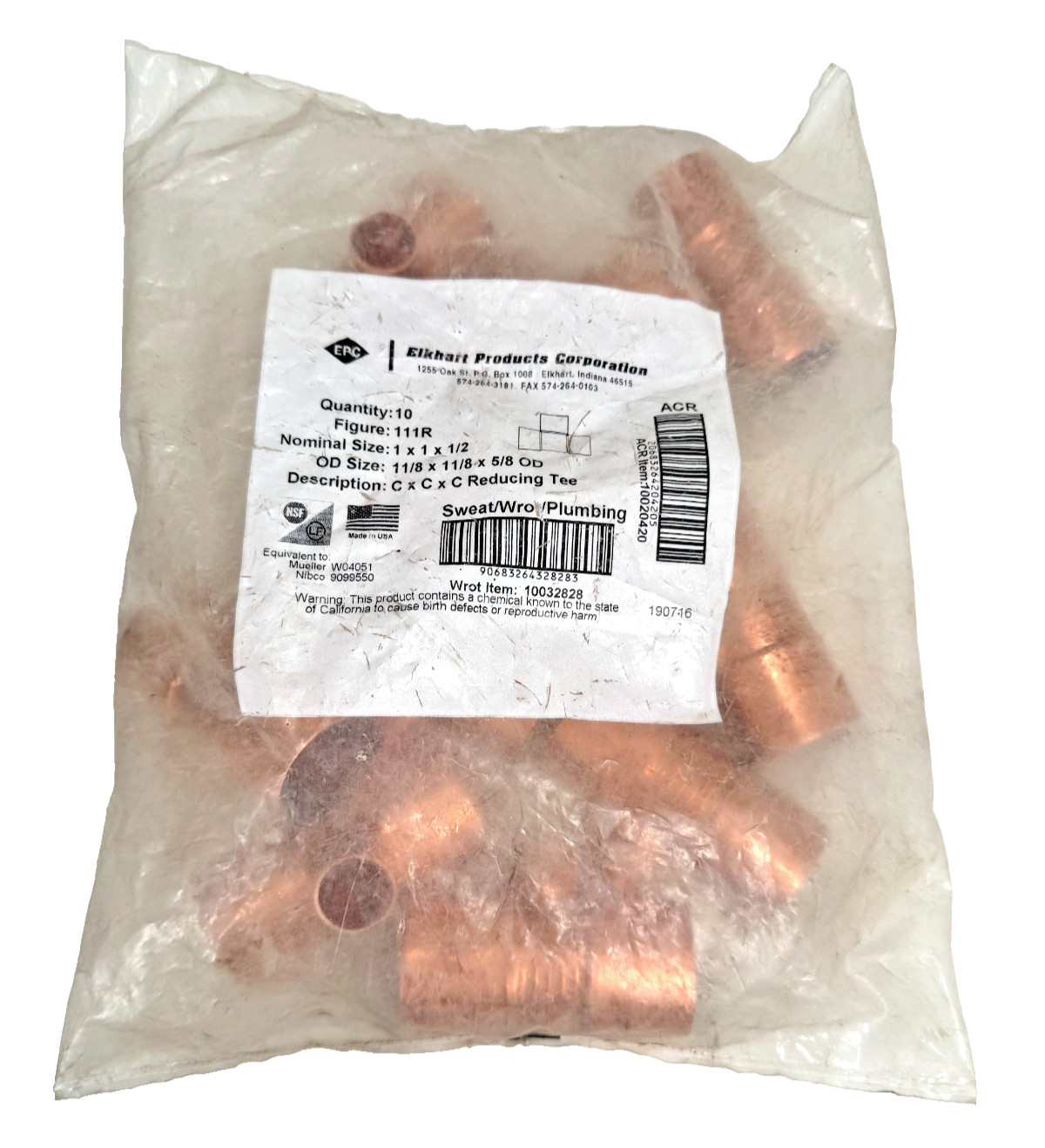 (10-PACK) EPC Reducing Tee 1" x 1" x 1/2" CTS Solder Joint Copper Sweat Fitting
