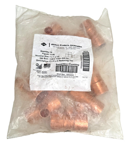 (10-PACK) EPC Reducing Tee 1" x 1" x 1/2" CTS Solder Joint Copper Sweat Fitting