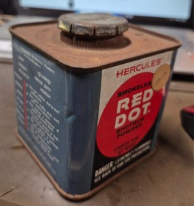 Hercules red dot smokless shotgun powder tin quarter full with lid