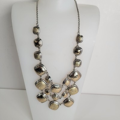 Monet 2 Tone Bib Necklace Silver Gold Links Squares Statement 20'' Jewelry