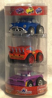HTF Hong Kong Disneyland Cars Pull Back Action McQueen Doc Ramone Tube Set NIP
