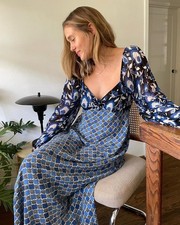 Rixo JEANIE Silk Midi Dress Blue Floral Size L AU14US10 Luxe Floaty Boho Elegant