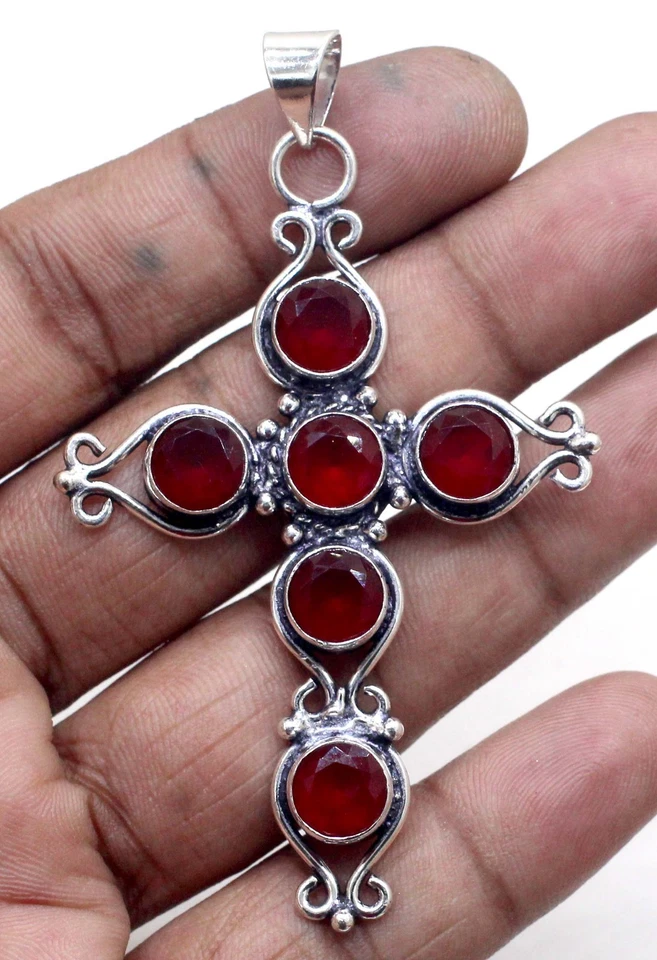 925 Sterling Silver Red Kashmiri Ruby Gemstone jewelry Handmade Cross Pendant - Image 2 of 2