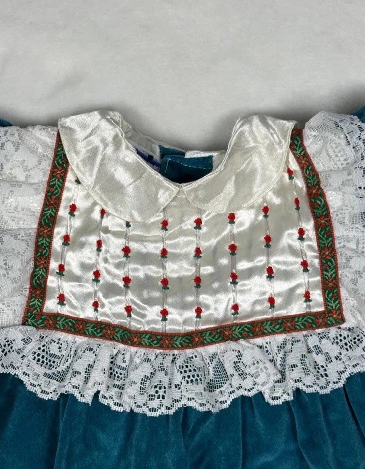 Винтажное зеленое велюровое платье с вышитыми розетками на атласном воротнике, 12 месяцев - Изображение 2 из 4