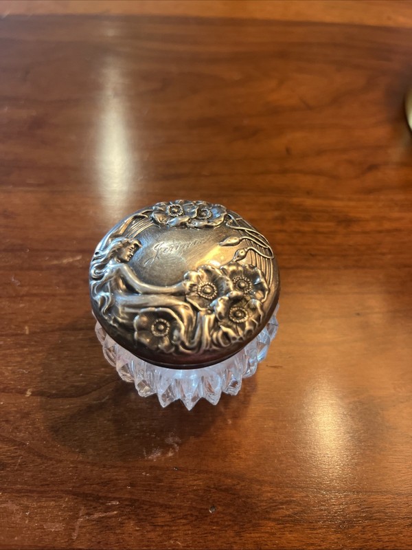 STERLING SILVER & CRYSTAL SMALL ART NOUVEAU DRESSER JAR/LADY-QUITE ORNATE