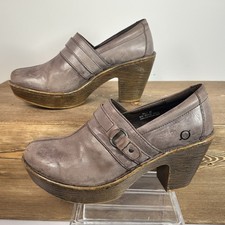 Born HADDON Leather Heeled Platform Clog SZ 8.5 Taupe Chunky Harness Buckle Chic