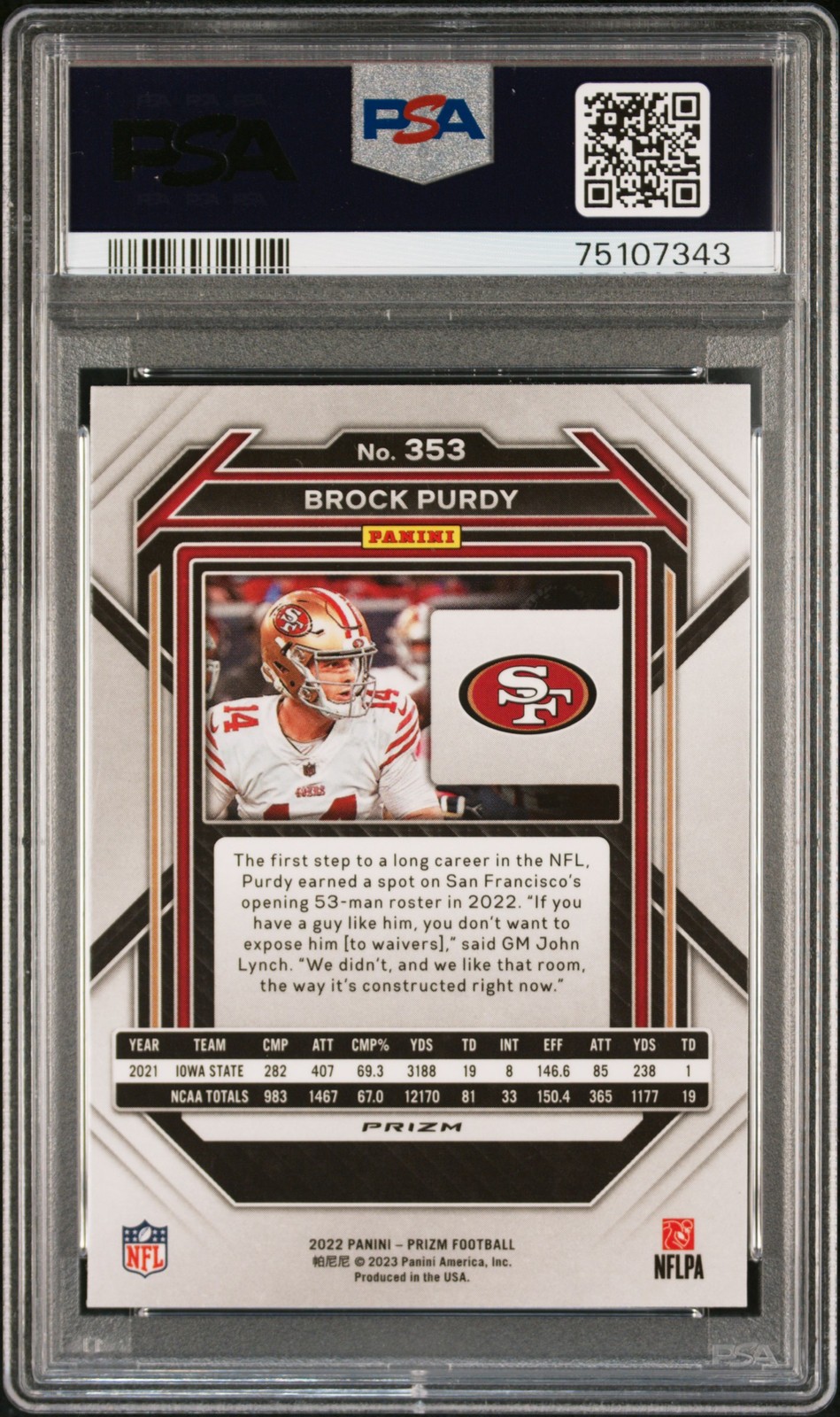 Brock Purdy Rookie 2022 Panini Prizm #353 Orange Ice PSA 10 view 2