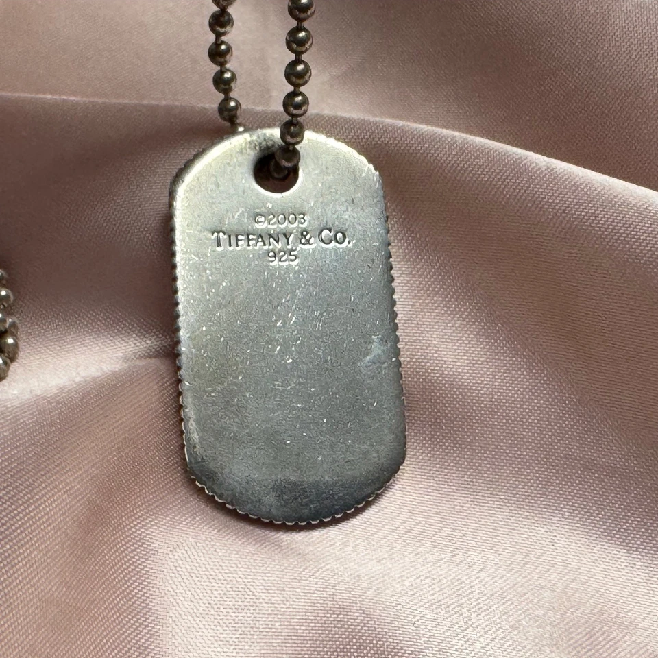 Tiffany & Co Sterling Silver Coin Edge Dog Tag Necklace Pendant w 34" Ball Chain - Image 2 of 4
