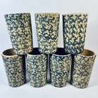 Vintage RRP Roseville Spongeware Tumblers Blue Tan Set 6 + Bonus Cup 1940s–1950s