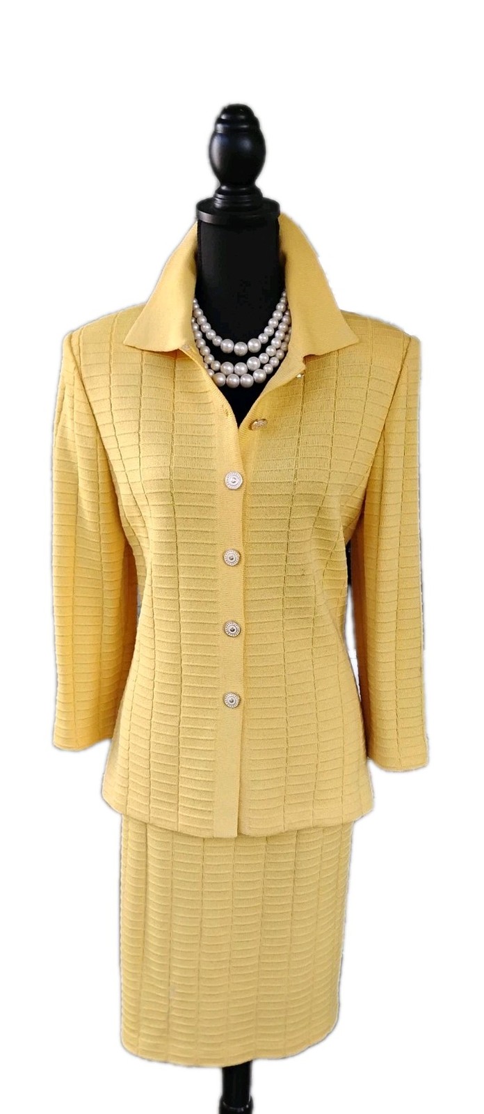 St John Collection M Gray 14 Skirt 8 Jacket Knit Suit Yellow L 12 Window Pane