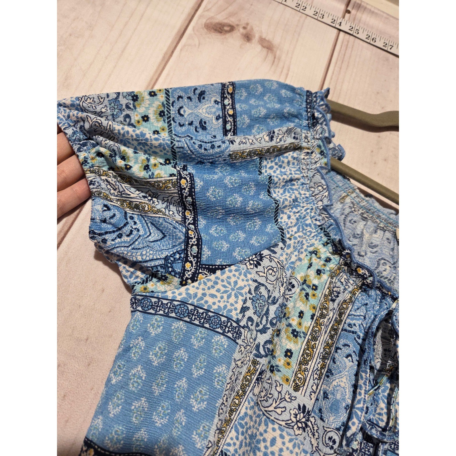 Chenault Blue Patchwork Print Off The Shoulder Ti… - image 4