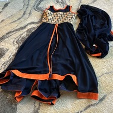 Girls Indian Net Navy Blue Orange Gold Salwar Kameez Gold Embroidered Size 22