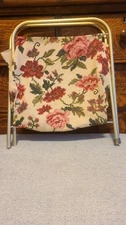 Vintage Folding Sewing Knitting Caddy Tote Floral Flower Fabric Metal Frame