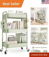 3 Tier Rolling Cart, Metal Utility Storage Cart with Pegboard, Green 2 Bins...