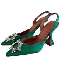 Amazon Satin Slingback Heels 9 Jeweled Embellished Emerald Green Sandals Pumps 