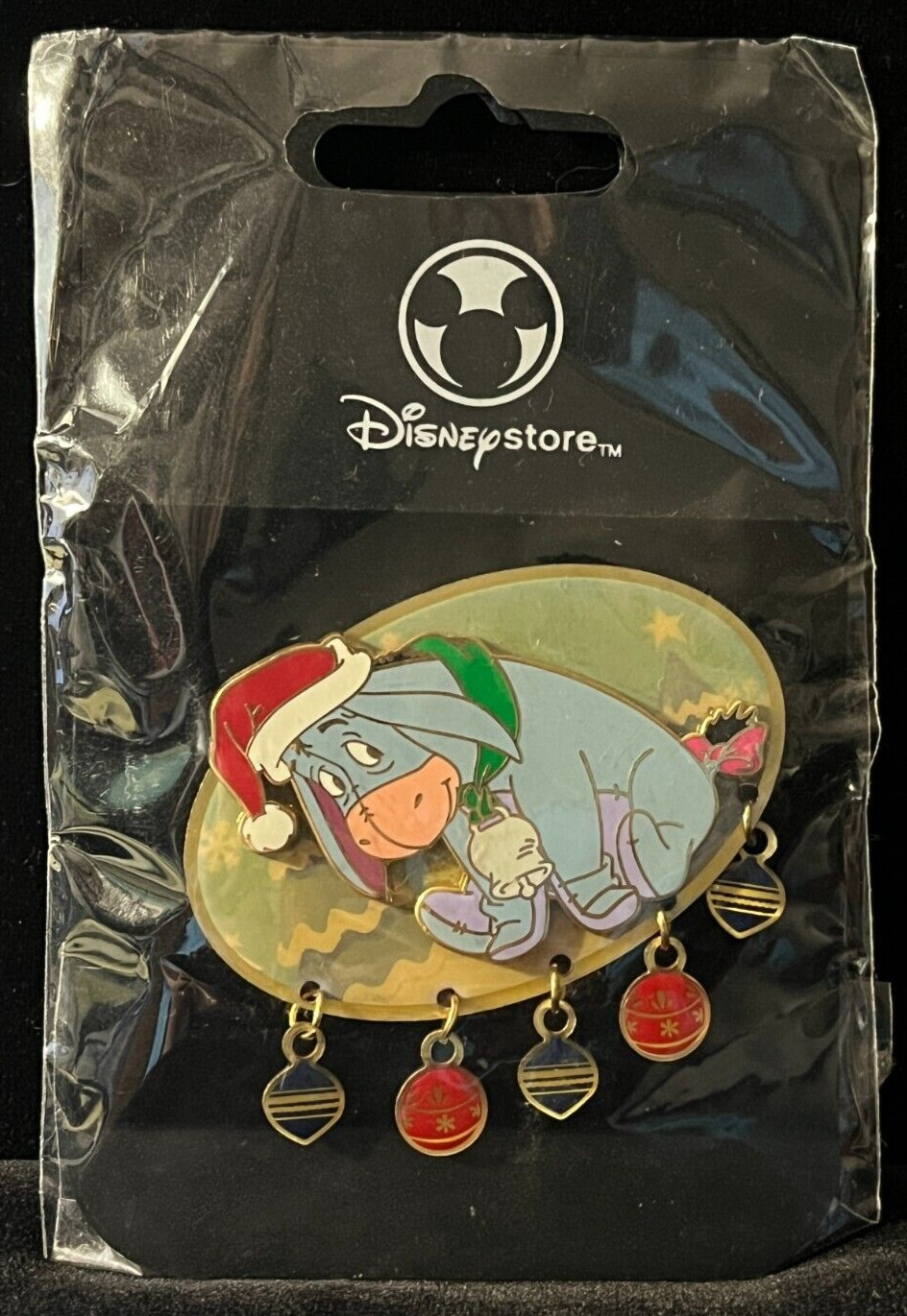 Walt Disney Store Eeyore with Hat Enamel Pin with 5 Dangling Christmas Ornaments