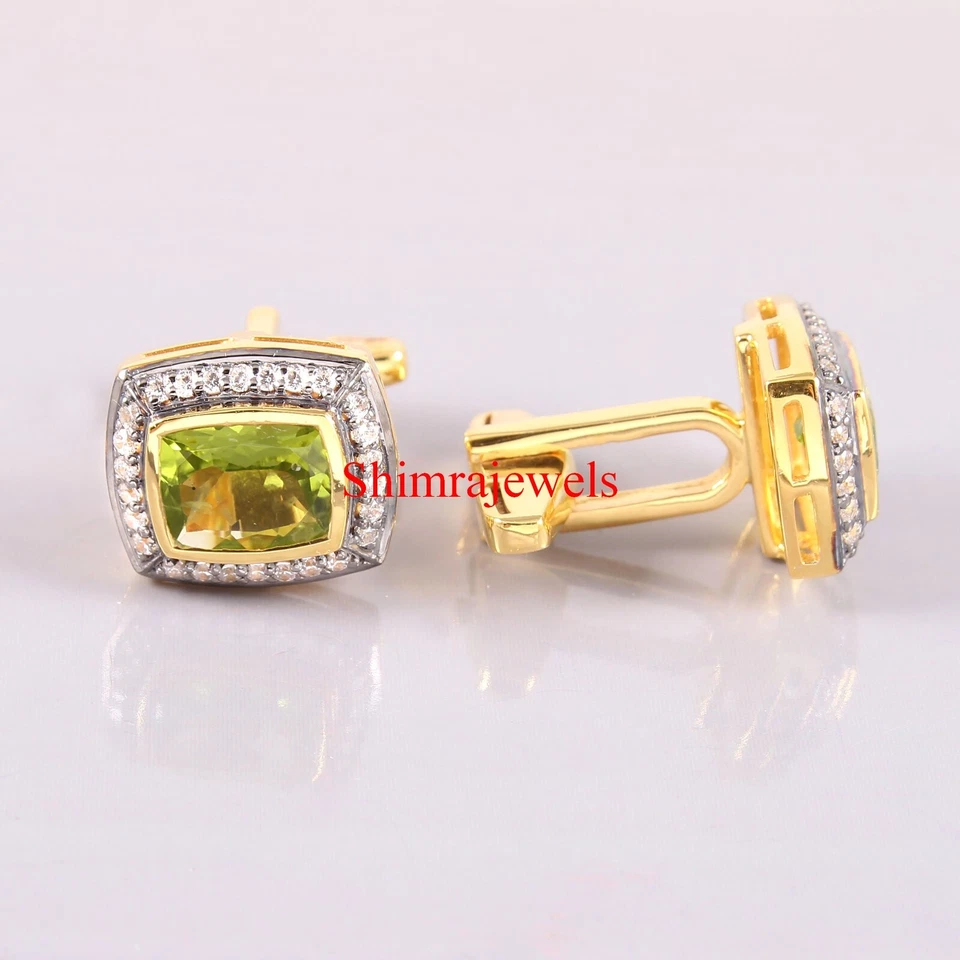 Natural Peridot Gemstone With 18K Gold Plated Silver Cufflinks #262 - Image 2 of 4