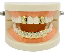 Custom Fit 14K Gold Plated CZ Iced Grillz Tooth Caps and Lower Teeth 3pc Set USA